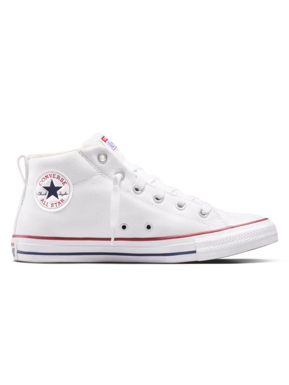 Converse Adult White High Top Sneakers with Red & Blue Stripe